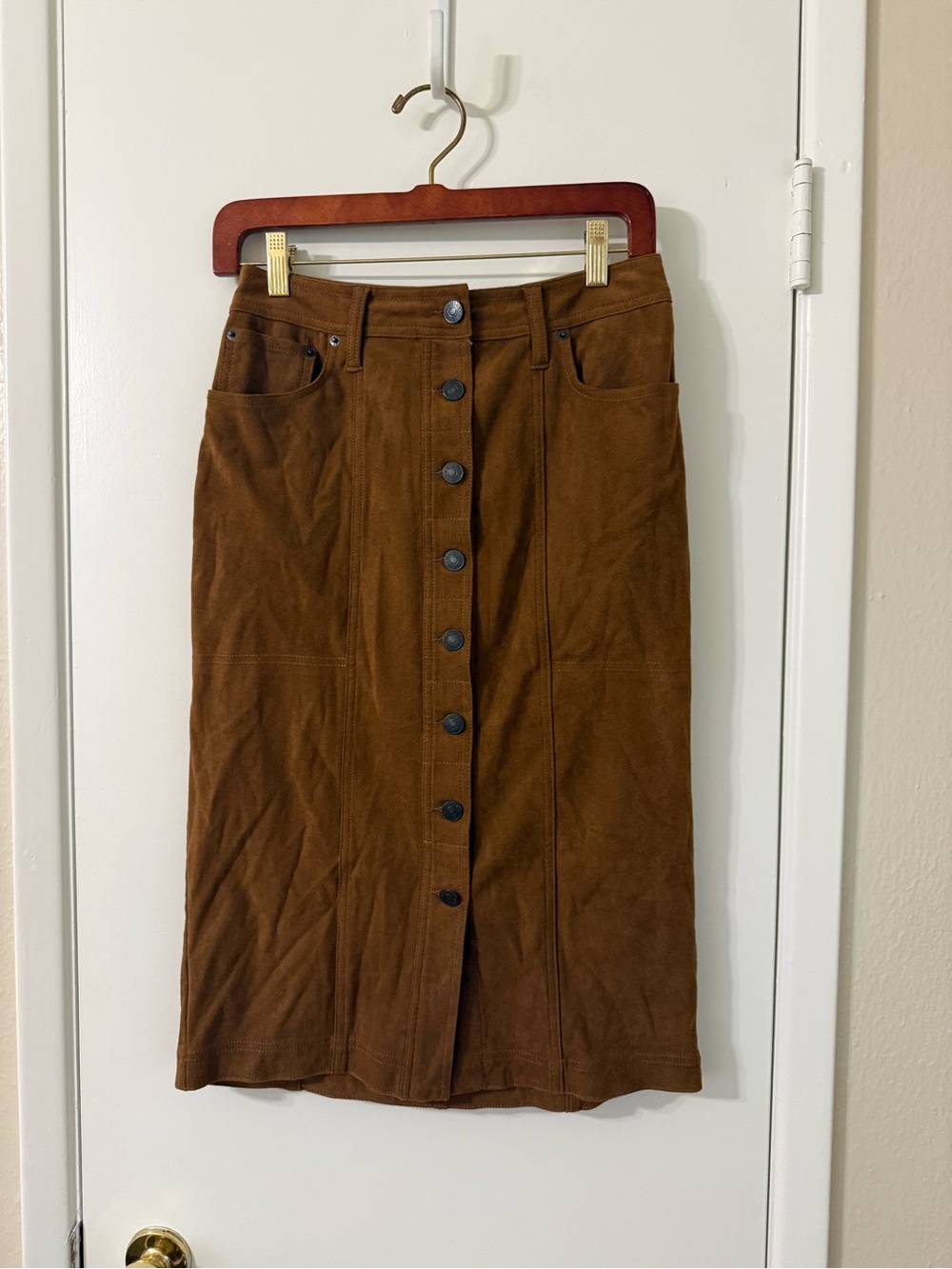 Abercrombie & Fitch Chestnut Brown Button-Front Faux Suede Midi Skirt